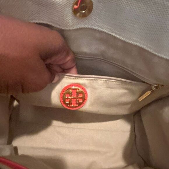 Tory Burch Canvas Tote Bag Neutral Blue Red Boho Strap Coastal Beach Vacation - Picture 8 of 12